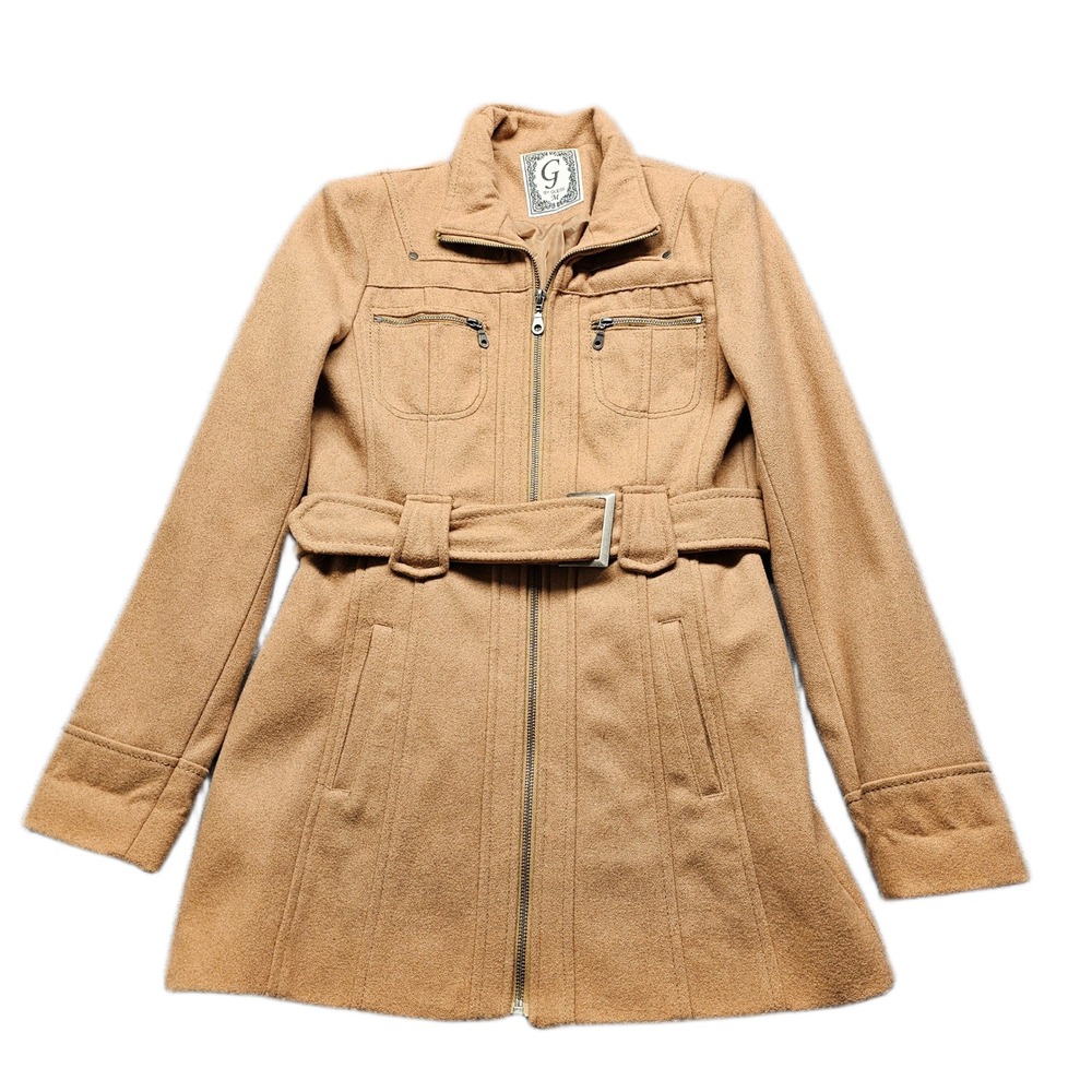 G by Guess Trench Coat Womens M Tan Wool Blend Belted Waist Collared Full Zip